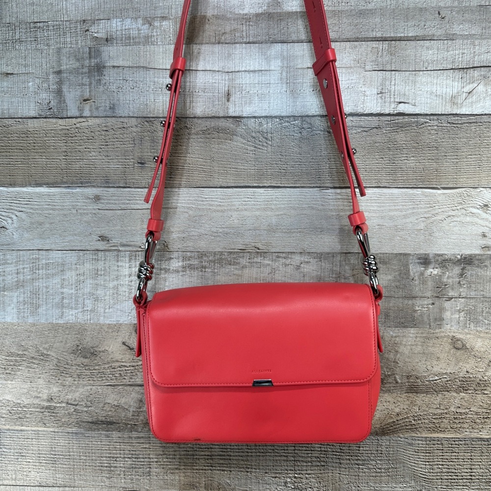 AllSaints Captain Leather Flap Crossbody Bag‎ Vibrant Coral Red Adjustable Strap